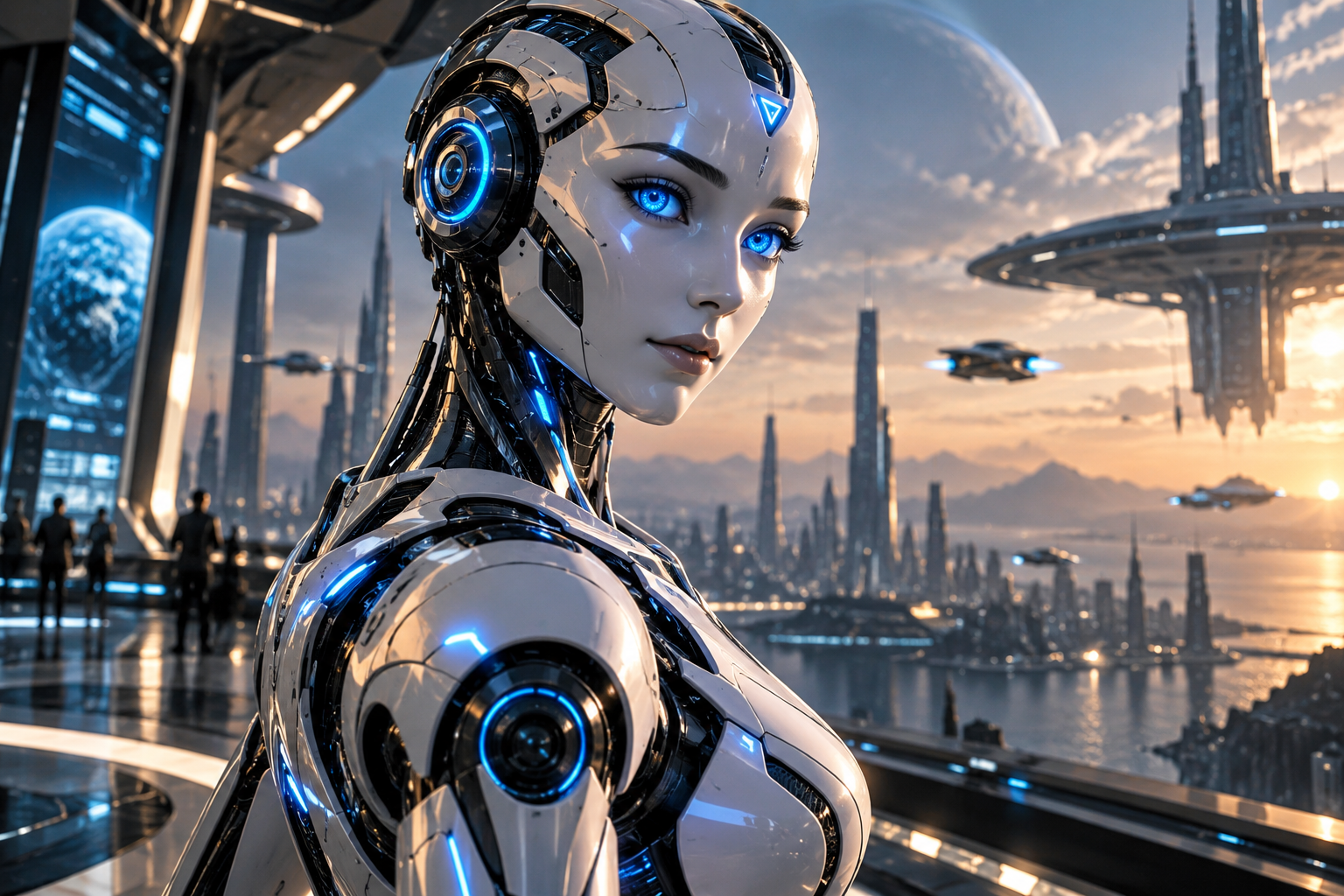 High-detail futuristic robot overlooking a sunset city